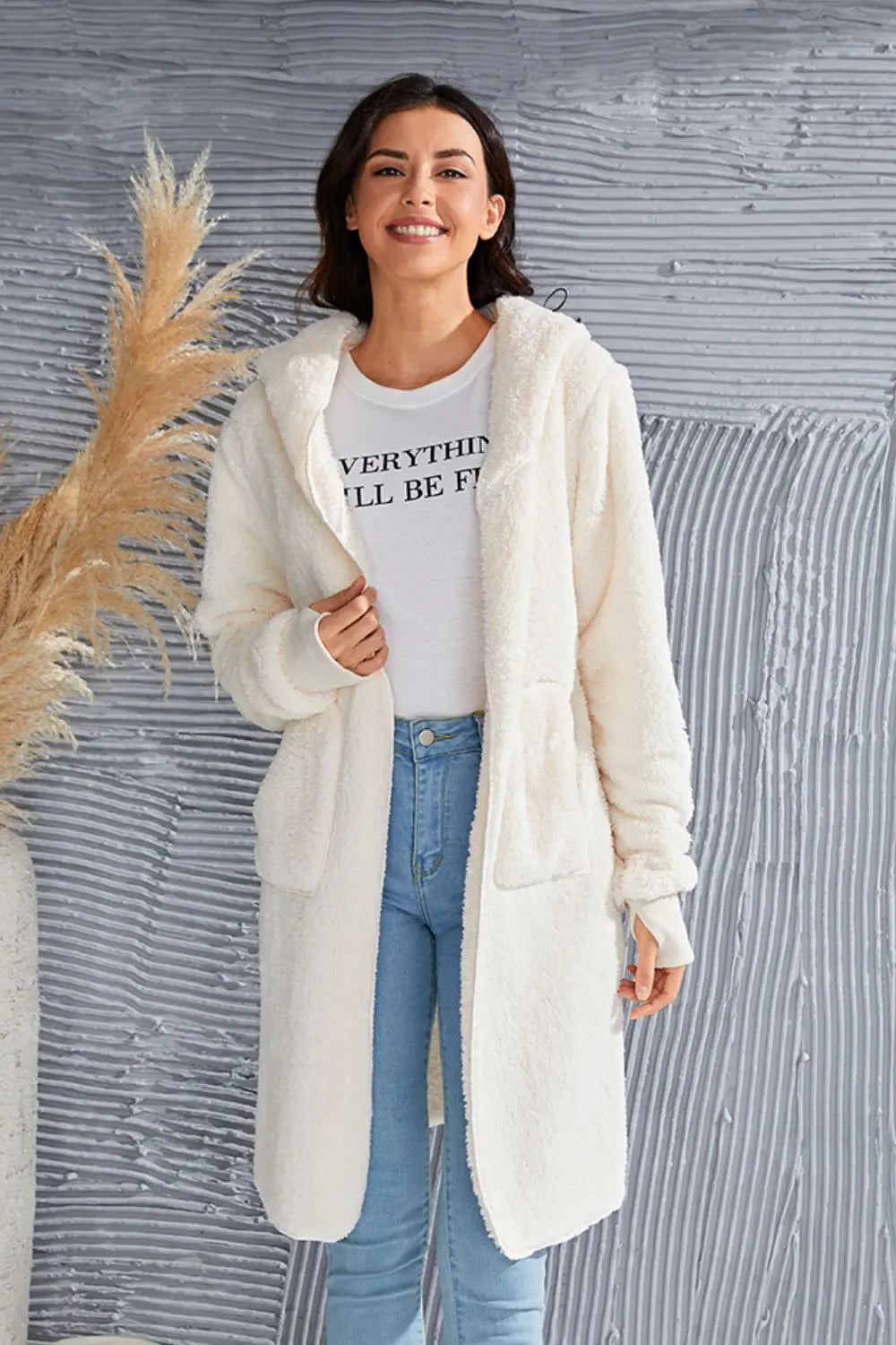 Double Take Full Size Hooded Teddy Bear Jacket with Thumbholes Trendsi