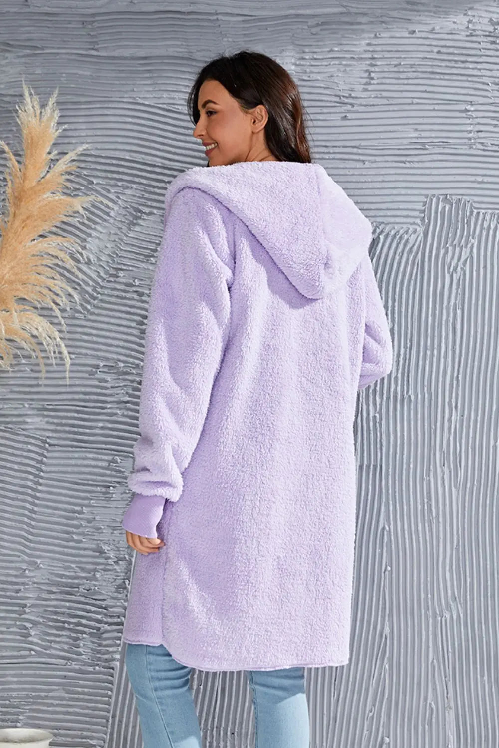 Double Take Full Size Hooded Teddy Bear Jacket with Thumbholes Trendsi