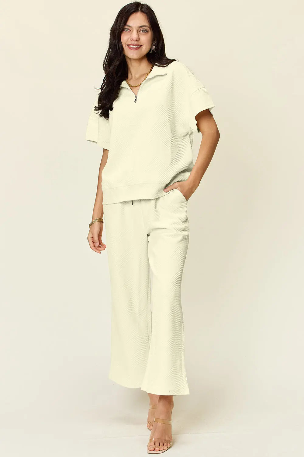 Double Take Full Size Texture Half Zip Short Sleeve Top and Pants Set Trendsi