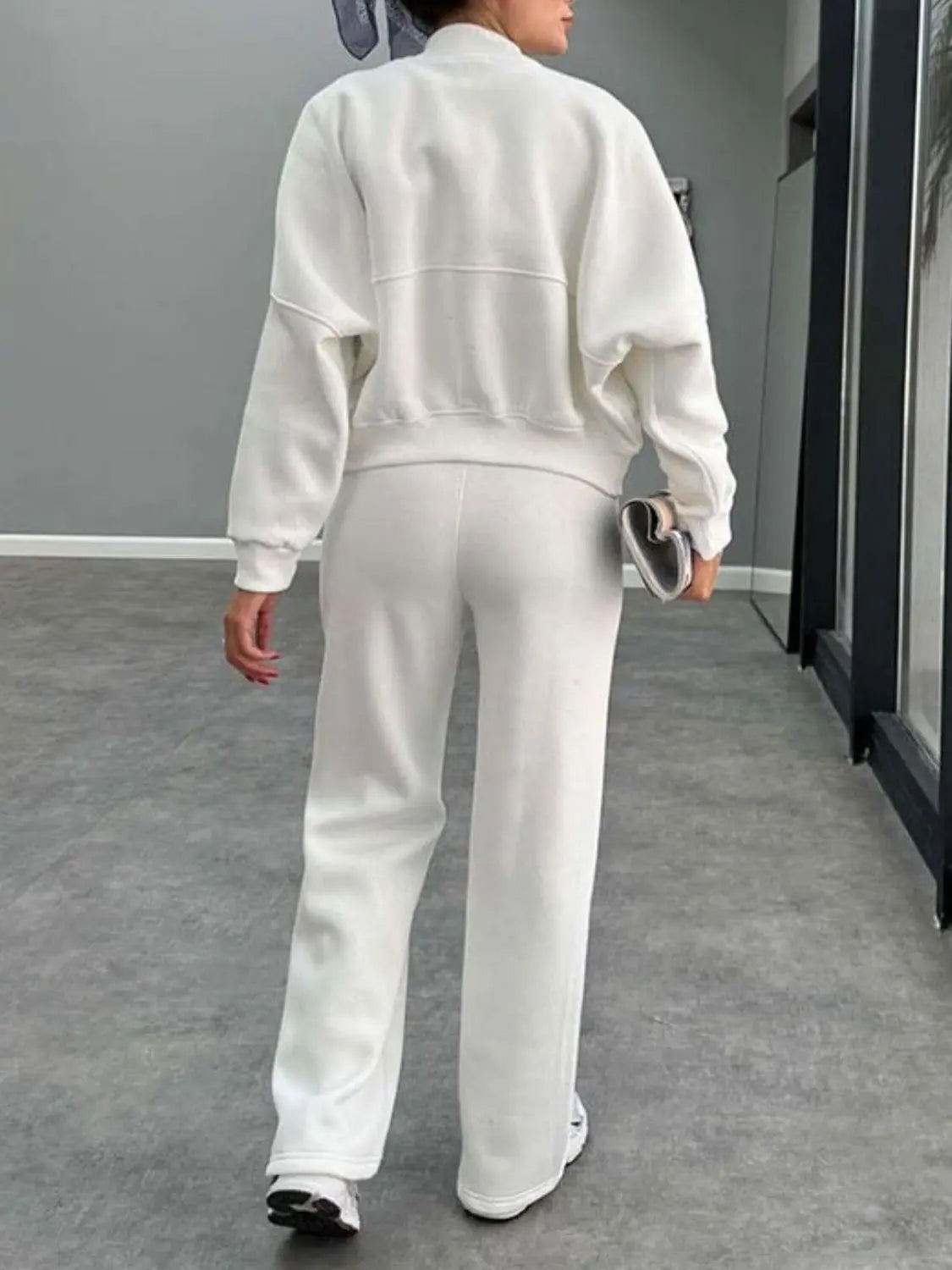Baseball Collar Zip Up Outerwear and Drawstring Pants Set Trendsi