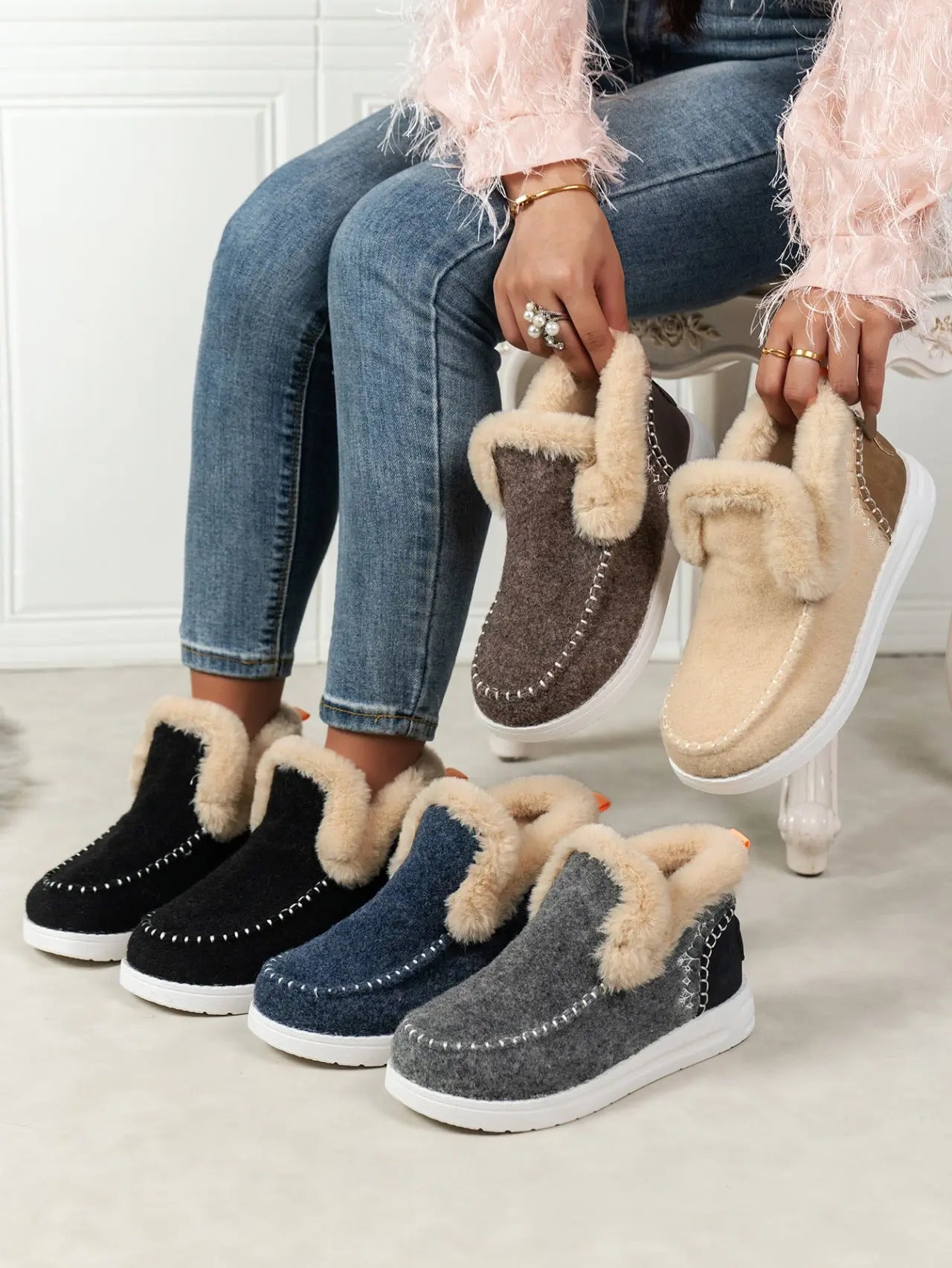 Furry Suede Round Toe Flat Sneakers Trendsi