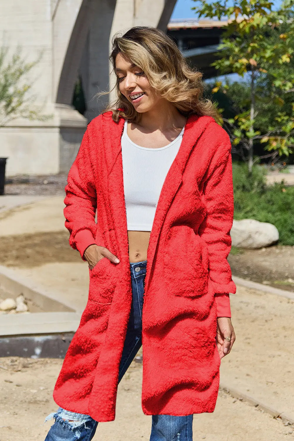 Double Take Full Size Hooded Teddy Bear Jacket with Thumbholes Trendsi