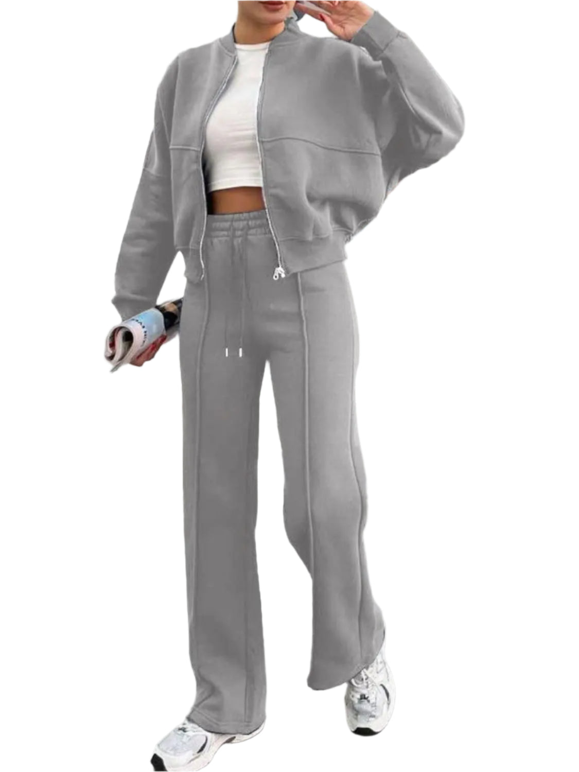 Baseball Collar Zip Up Outerwear and Drawstring Pants Set Trendsi