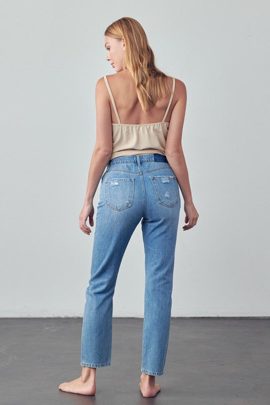 High Rise Distressed Straight Jeans - Pure Serenity DBA