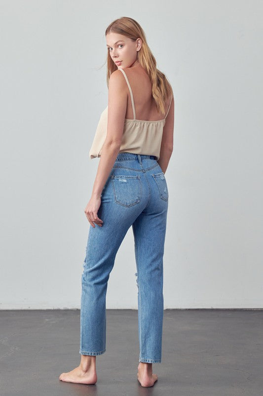 High Rise Distressed Straight Jeans - Pure Serenity DBA