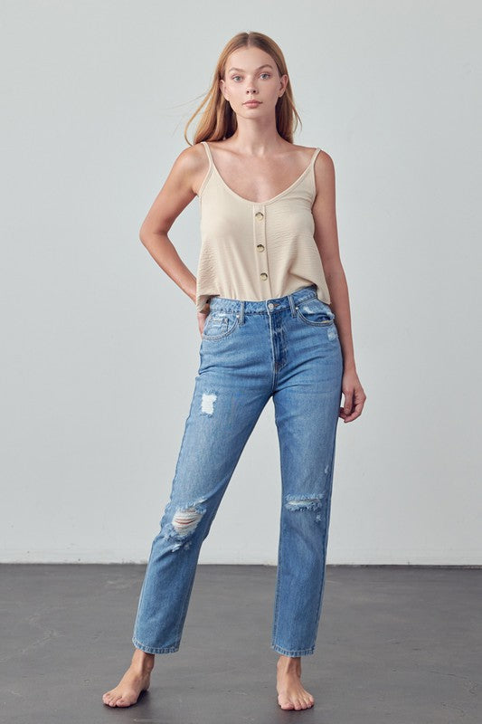 High Rise Distressed Straight Jeans - Pure Serenity DBA