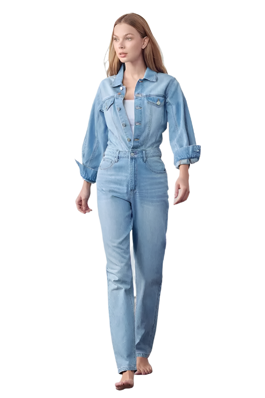 High Waist Flap Pocket Half Button Denim Jumpsuit - Pure Serenity DBA