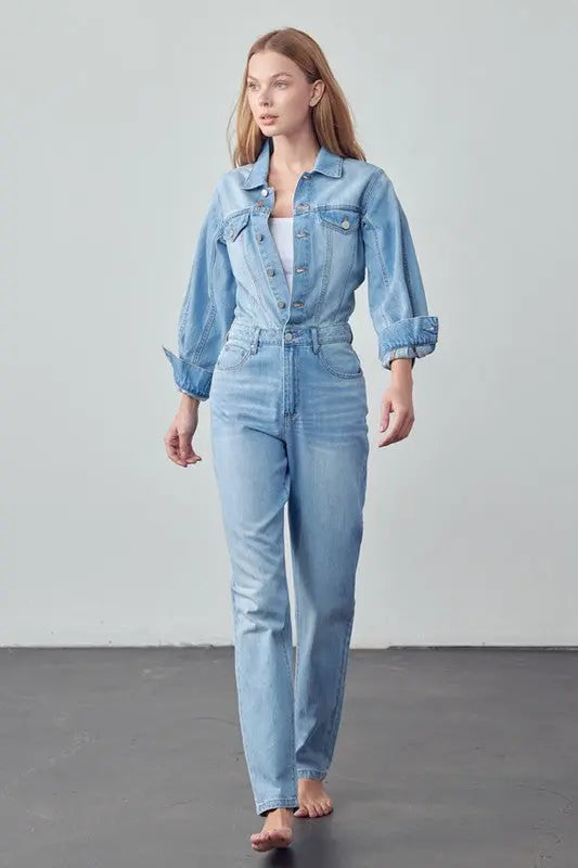 High Waist Flap Pocket Half Button Denim Jumpsuit - Pure Serenity DBA