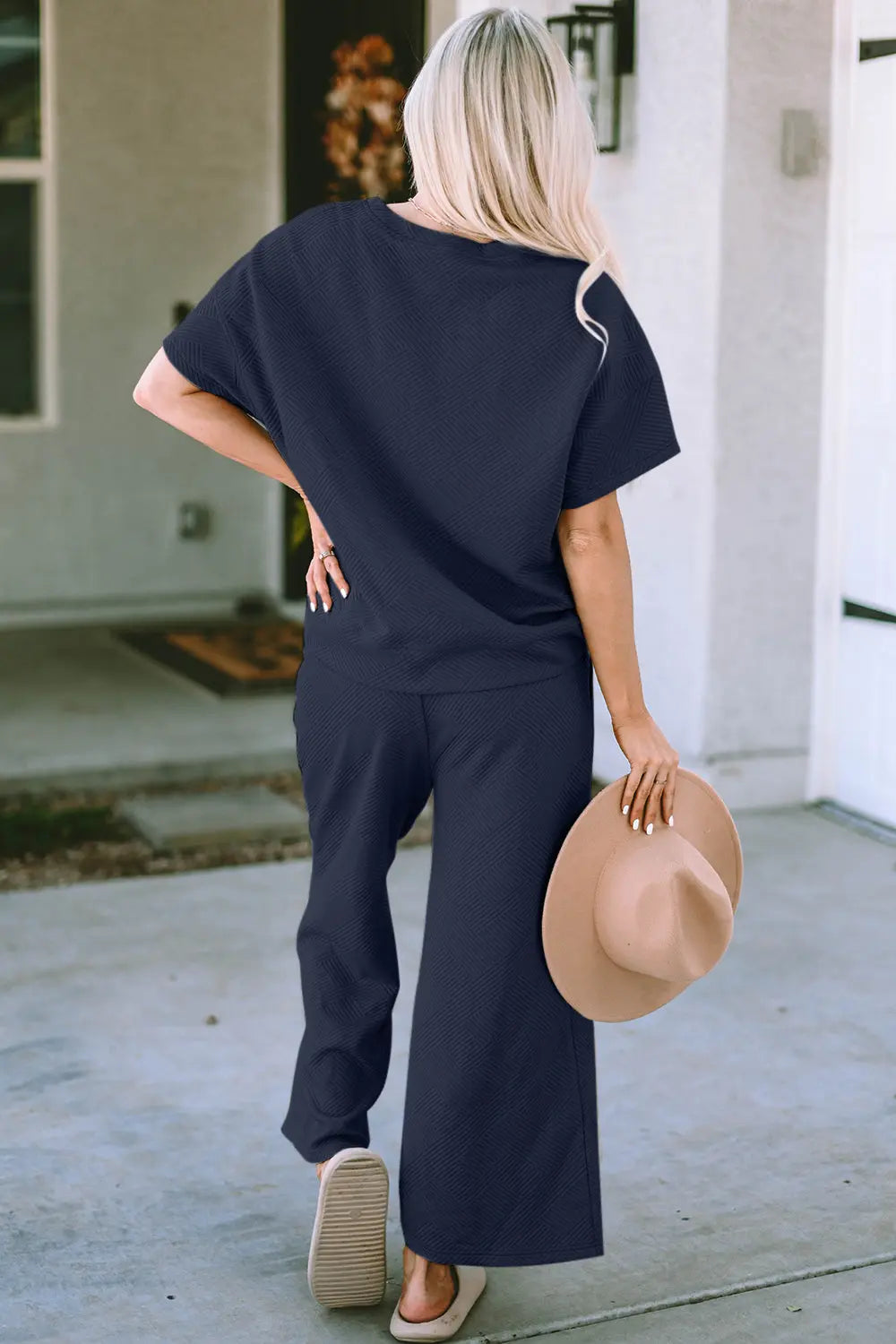 Double Take Full Size Texture Short Sleeve Top and Pants Set Trendsi