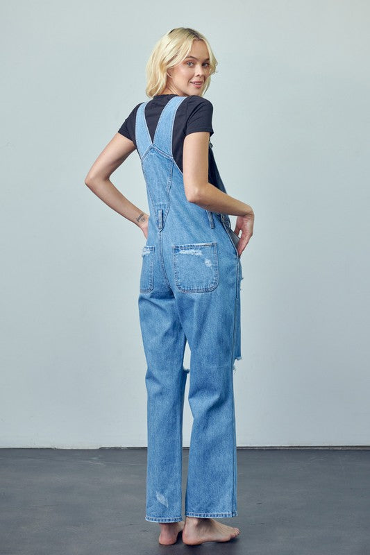 Pocket Patched Ripped Denim Overalls - Pure Serenity DBA