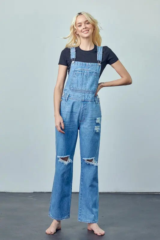 Pocket Patched Ripped Denim Overalls Denim Lab USA