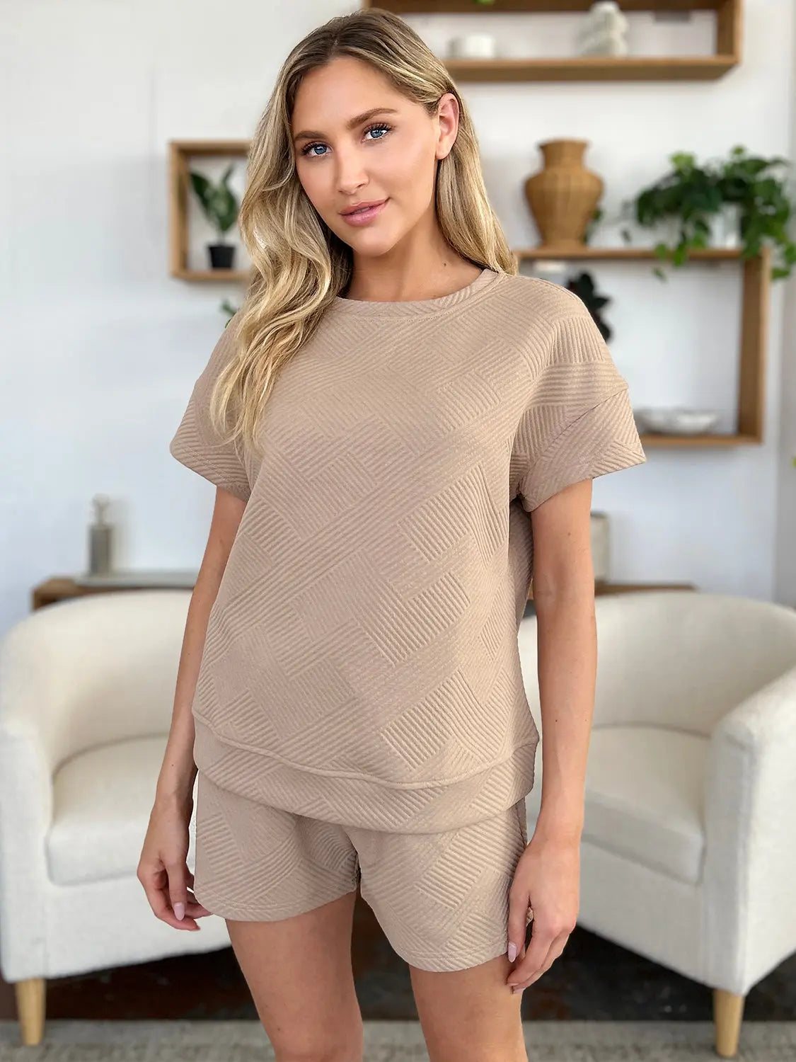 Double Take Full Size Texture Short Sleeve T-Shirt and Drawstring Shorts Set Trendsi