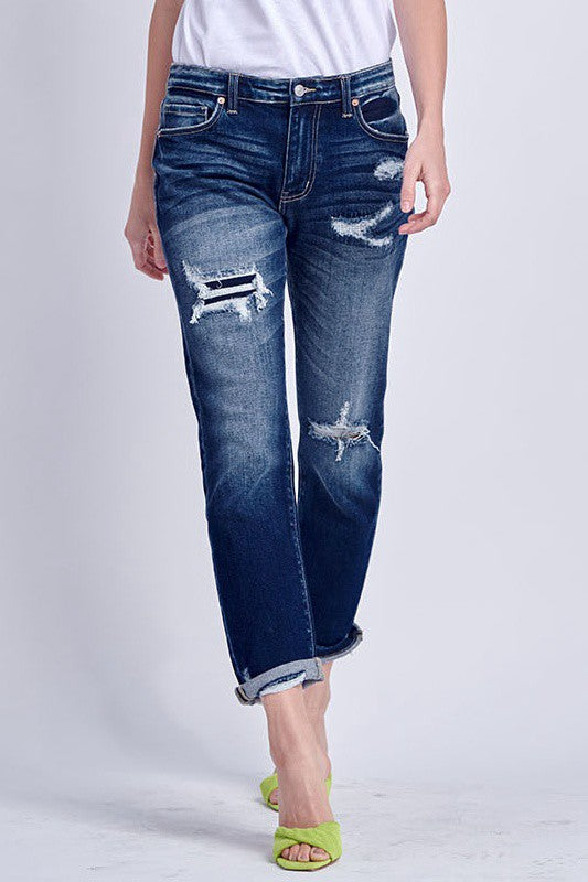 MID RISE STRETCH BOYFRIEND WITH PATCH JEANS - Pure Serenity DBA