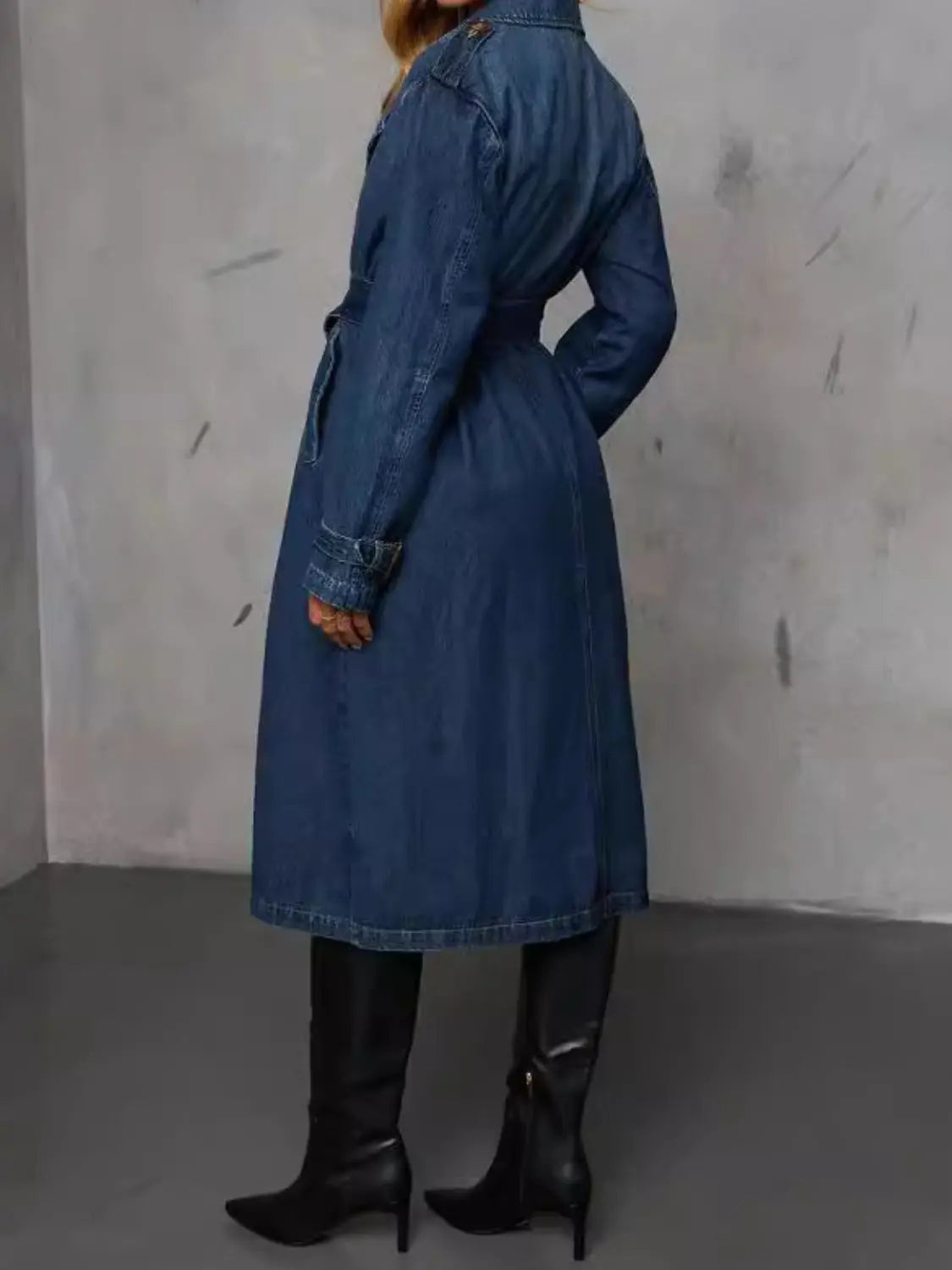 Button Up Long Sleeve Longline Denim Jacket Trendsi