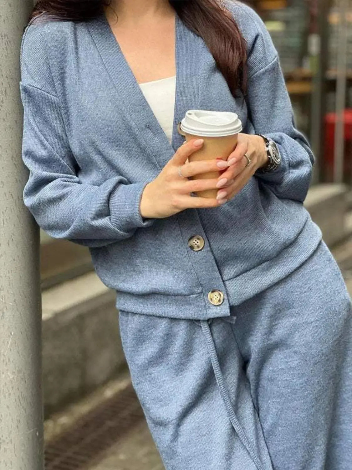 Full Size Button Up Long Sleeve Top and Pants Set Trendsi