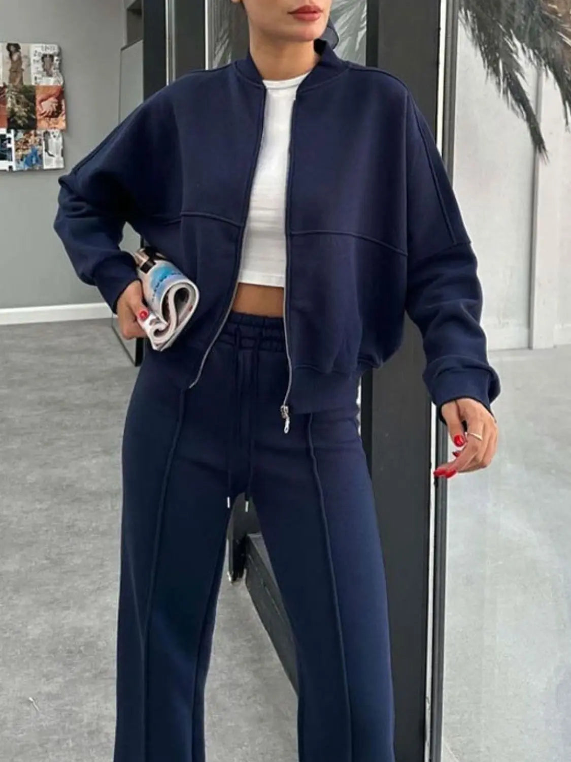 Baseball Collar Zip Up Outerwear and Drawstring Pants Set Trendsi