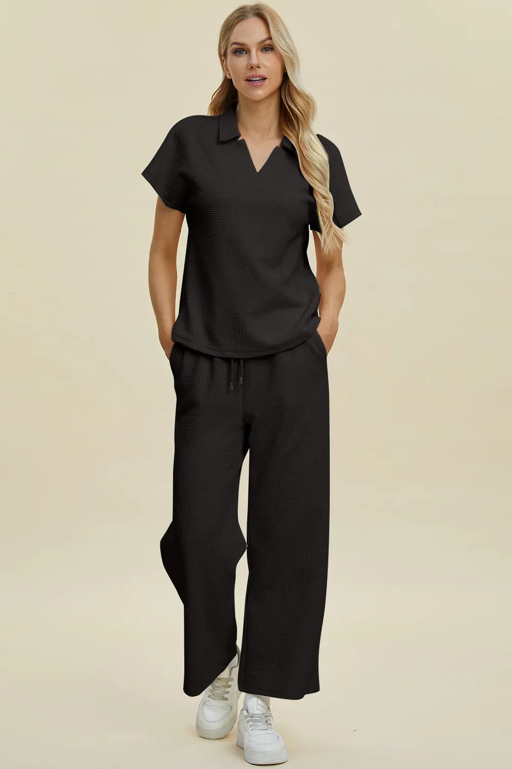 Double Take Full Size Collared Neck Short Sleeve Top and Pants Set - Pure Serenity DBA