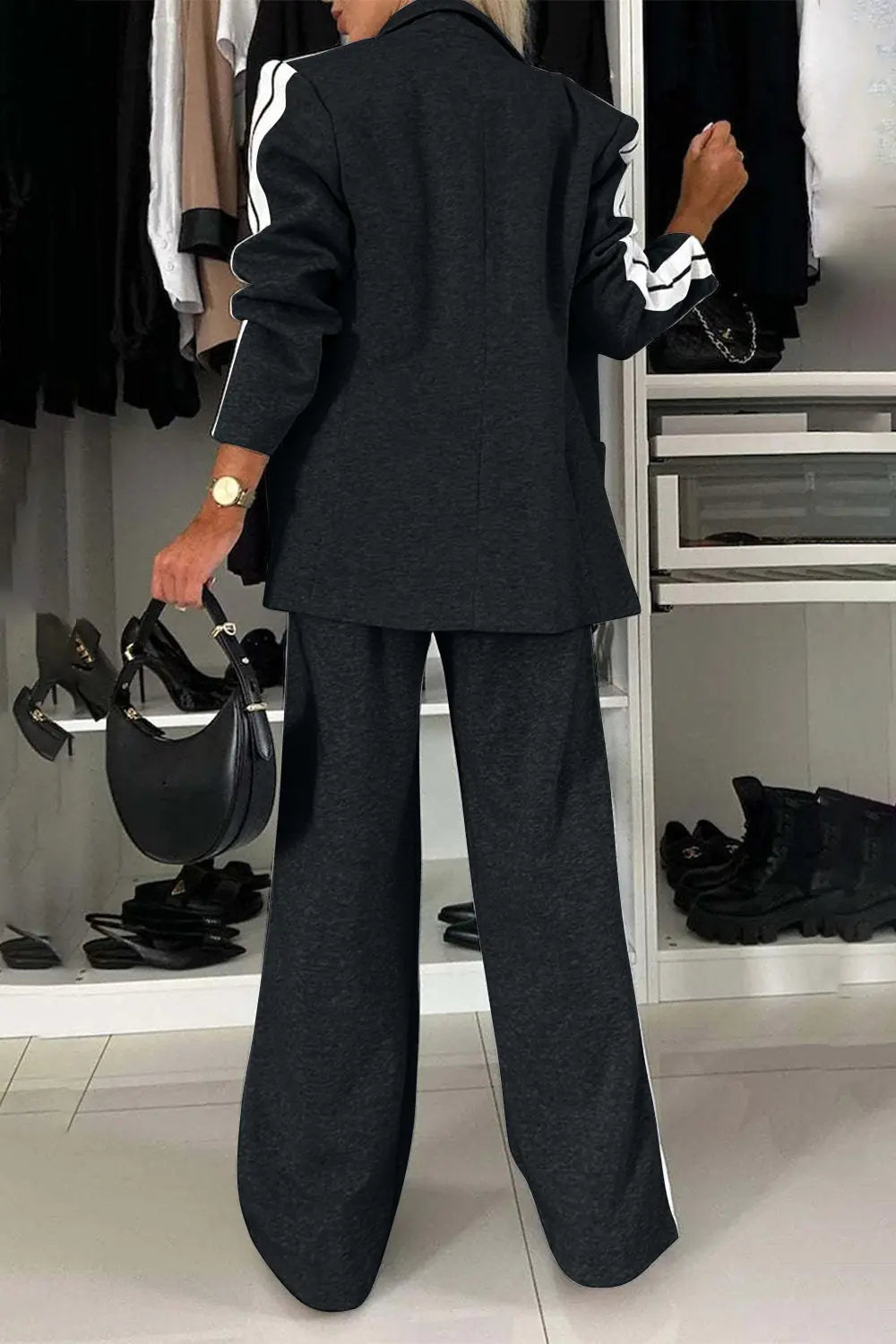 Full Size Contrast Lapel Collar Top and Pants Set Trendsi