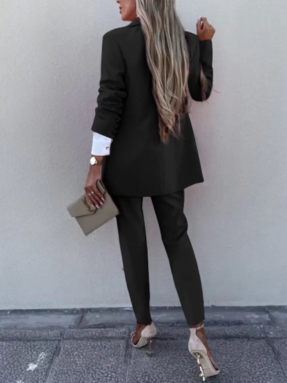 Lapel Collar Long Sleeve Blazer and Pants Set Trendsi