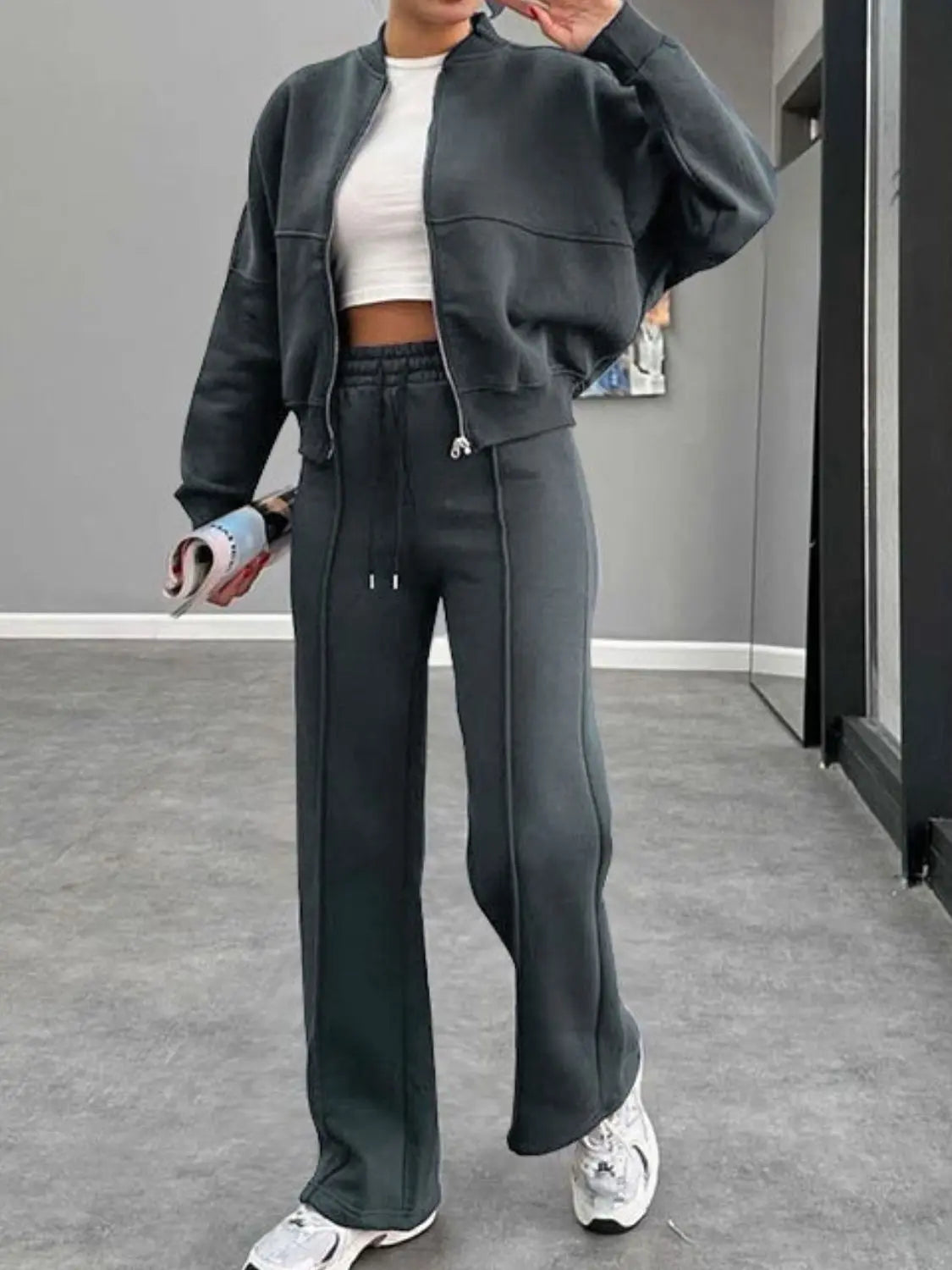 Baseball Collar Zip Up Outerwear and Drawstring Pants Set Trendsi