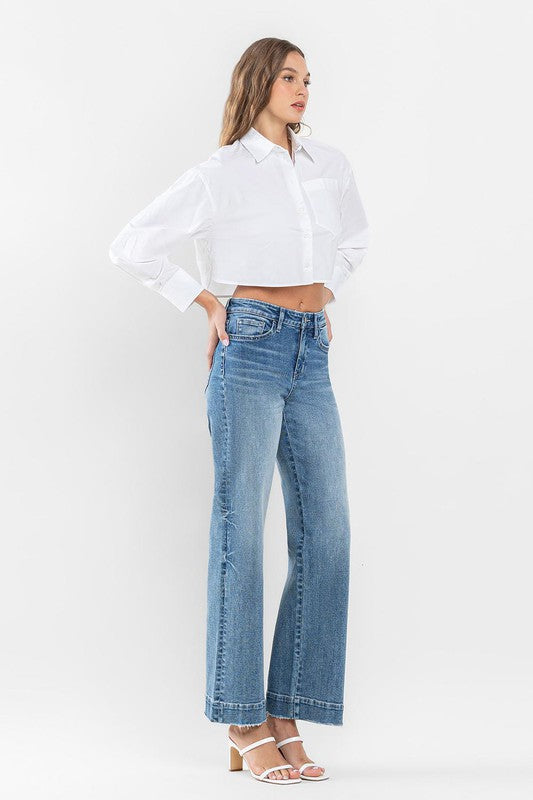 High Rise Wide Leg Jeans with Trouser Hem Detail - Pure Serenity DBA