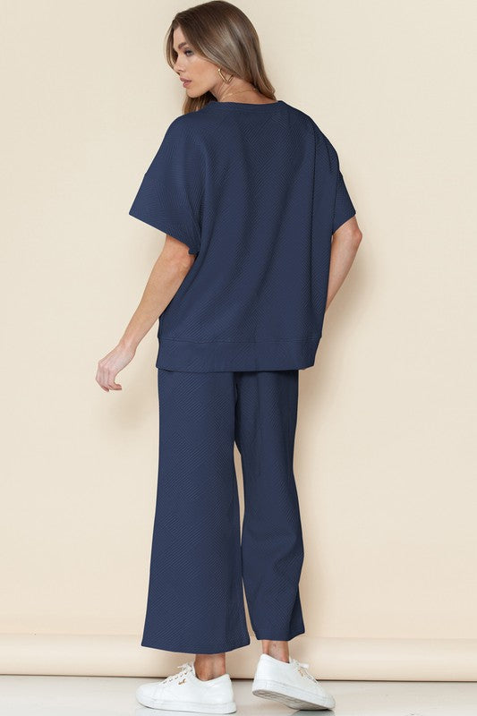 Textured T Shirt and Drawstring Pants Set - Pure Serenity DBA