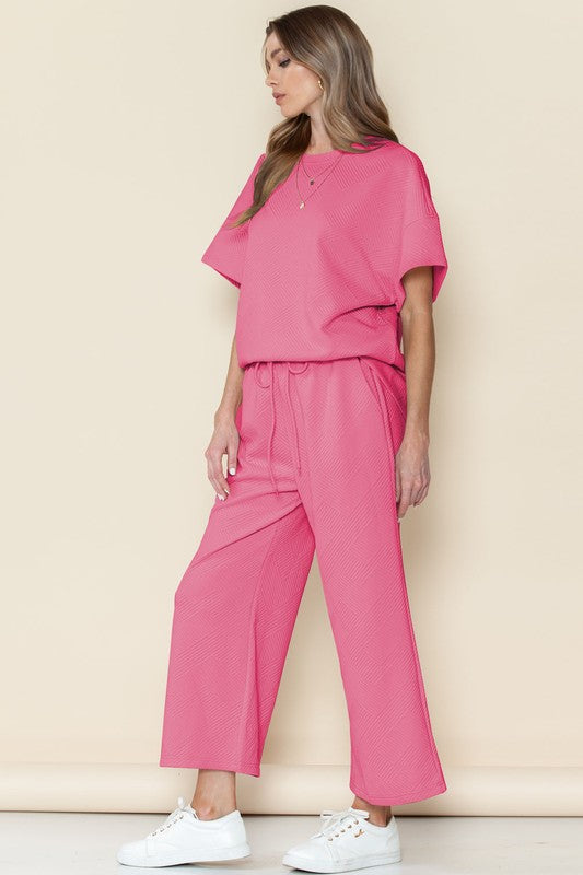 Textured T Shirt and Drawstring Pants Set - Pure Serenity DBA