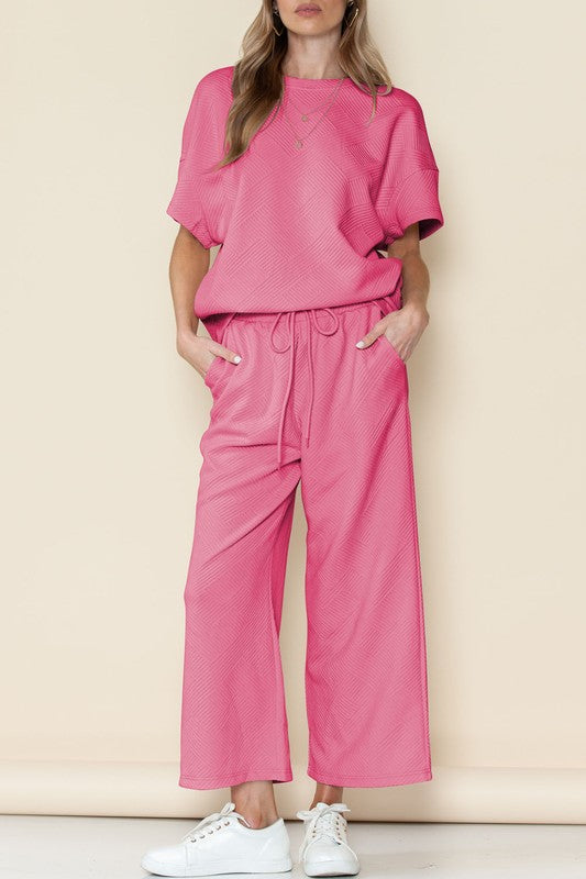 Textured T Shirt and Drawstring Pants Set - Pure Serenity DBA