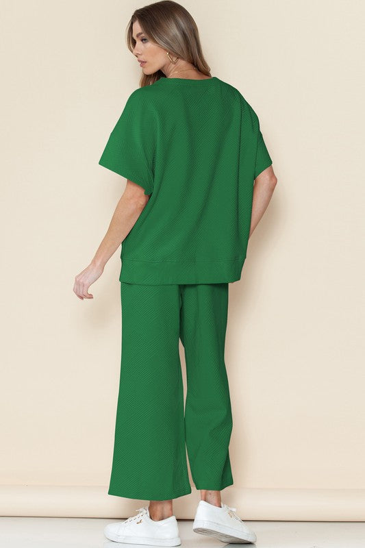Textured T Shirt and Drawstring Pants Set - Pure Serenity DBA