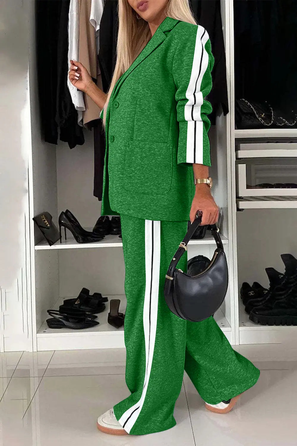 Full Size Contrast Lapel Collar Top and Pants Set Trendsi