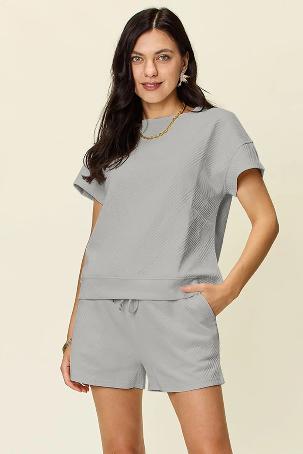 Double Take Full Size Texture Short Sleeve T-Shirt and Drawstring Shorts Set Trendsi