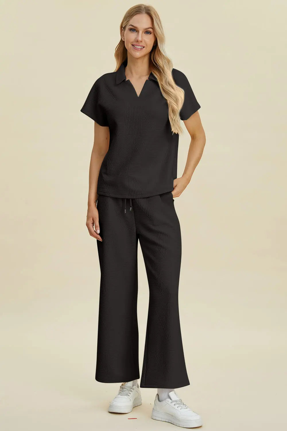 Double Take Full Size Collared Neck Short Sleeve Top and Pants Set - Pure Serenity DBA