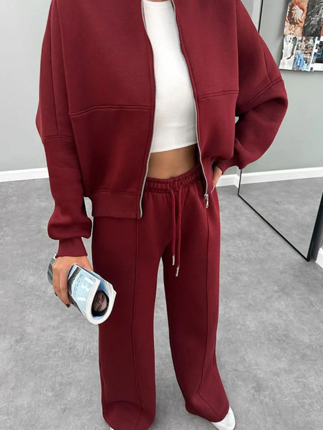 Baseball Collar Zip Up Outerwear and Drawstring Pants Set Trendsi