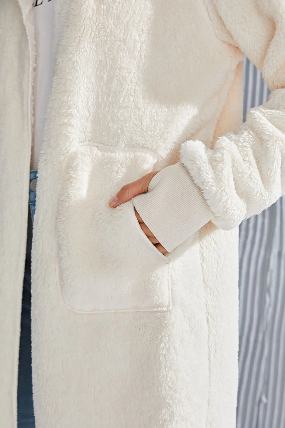 Double Take Full Size Hooded Teddy Bear Jacket with Thumbholes Trendsi