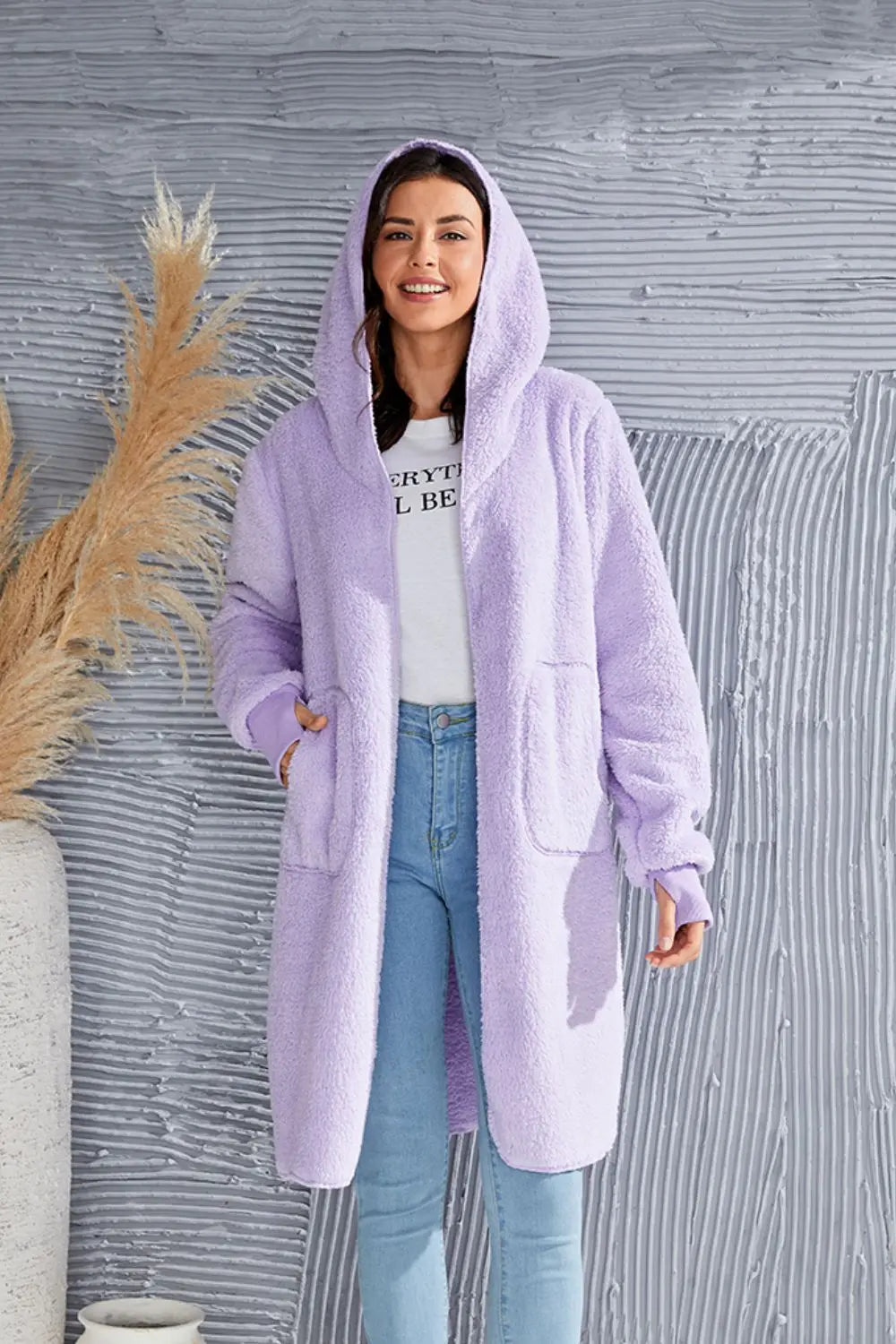 Double Take Full Size Hooded Teddy Bear Jacket with Thumbholes Trendsi