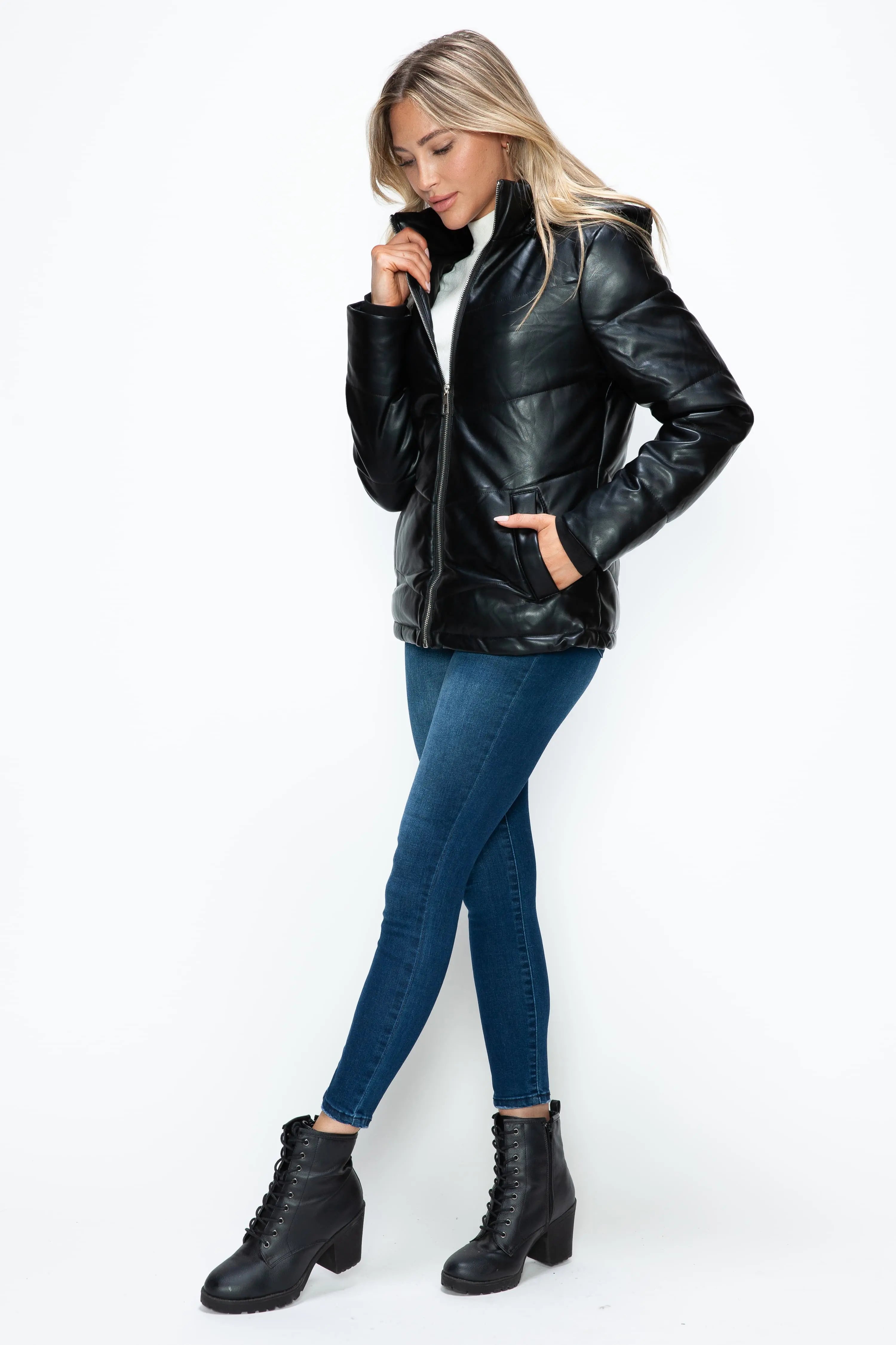 How Dare U Pocketed Zip Up Puffer Jacket with Removable Hood Trendsi