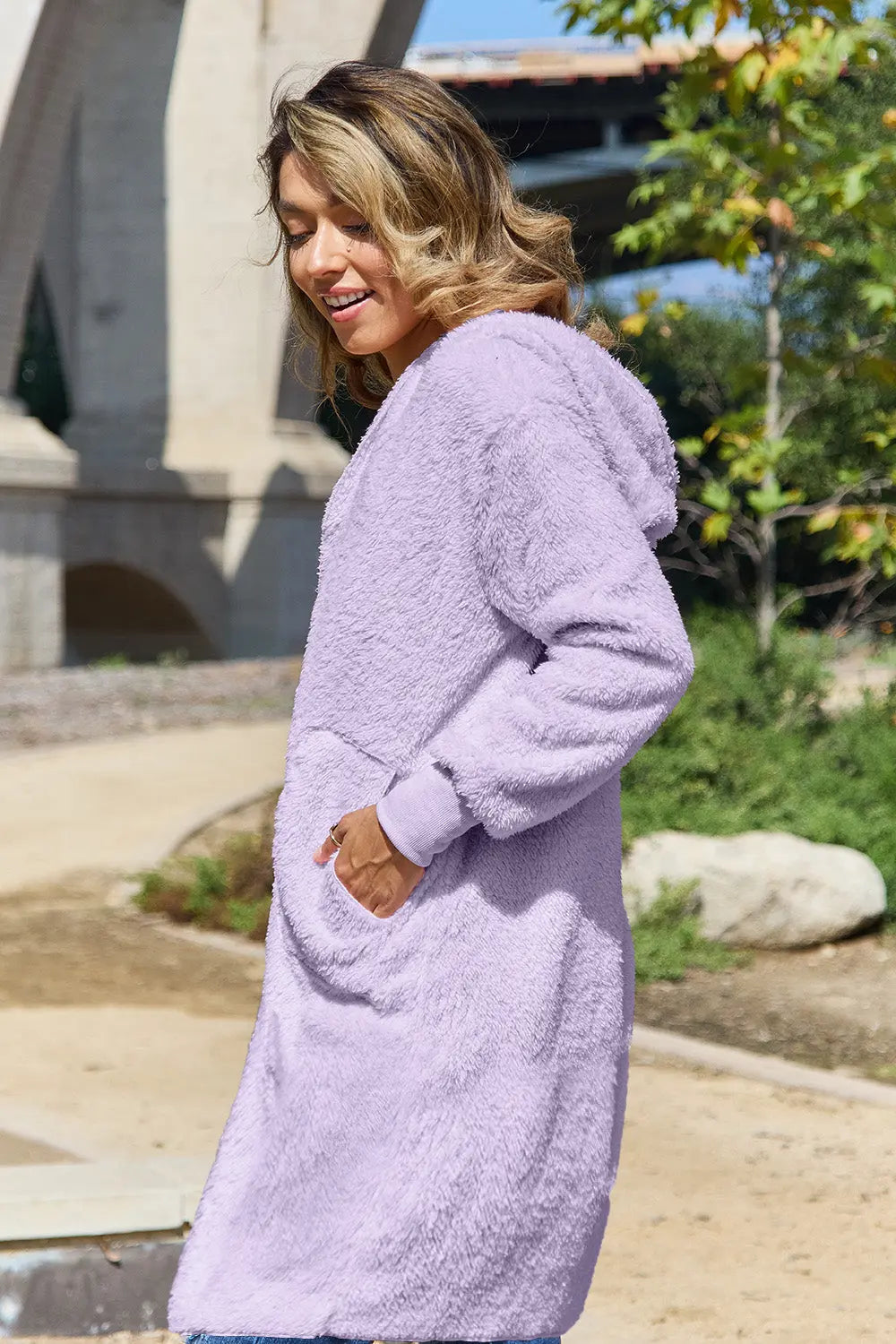 Double Take Full Size Hooded Teddy Bear Jacket with Thumbholes Trendsi