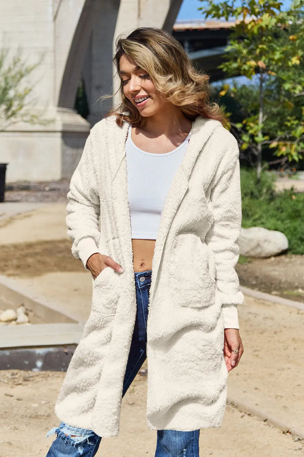 Double Take Full Size Hooded Teddy Bear Jacket with Thumbholes Trendsi