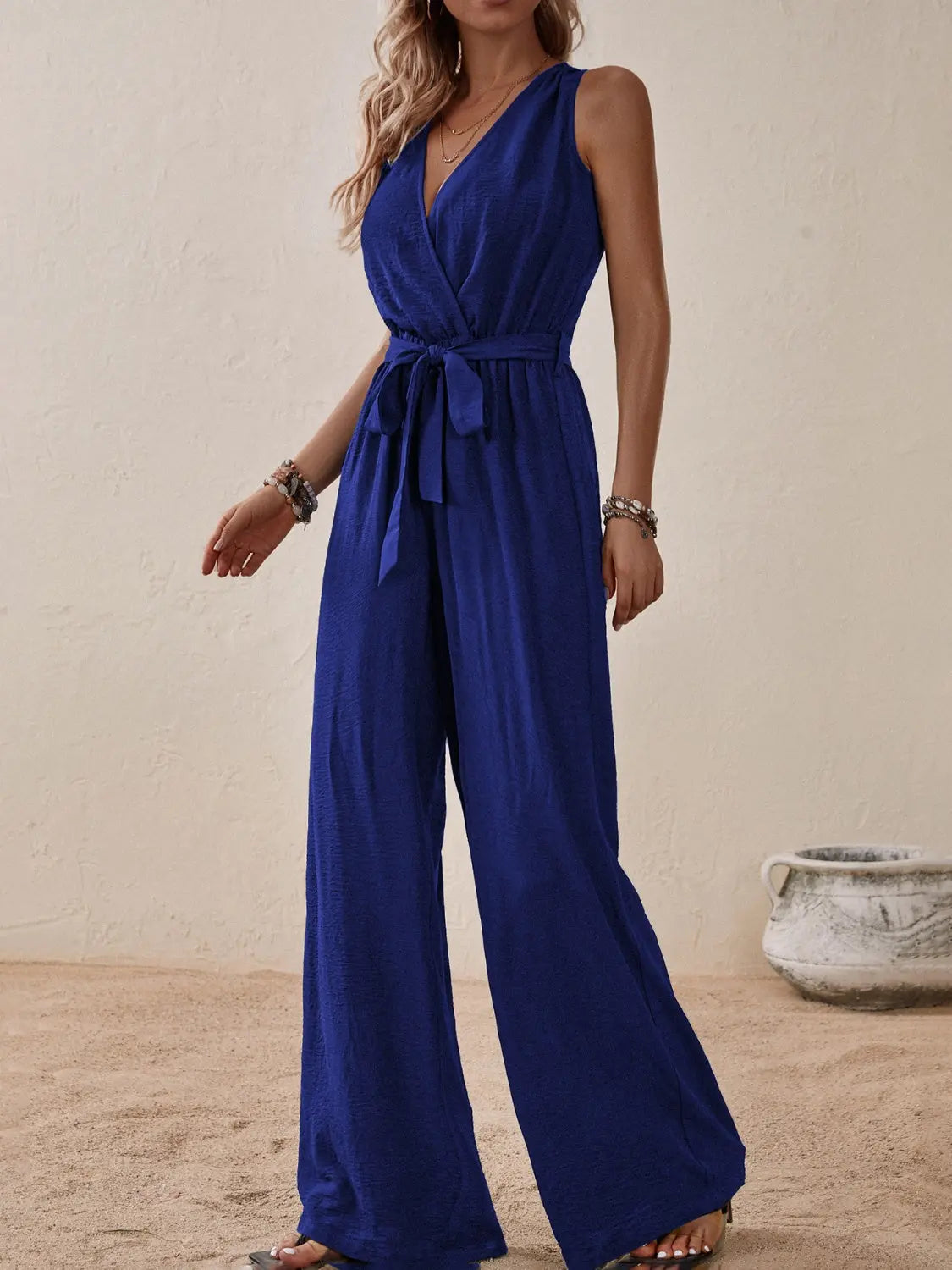 Honey Tied Surplice Sleeveless Wide Leg Jumpsuit Trendsi