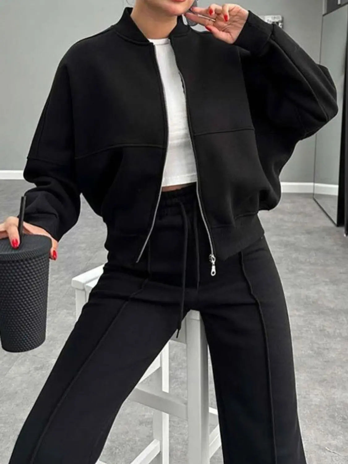 Baseball Collar Zip Up Outerwear and Drawstring Pants Set Trendsi
