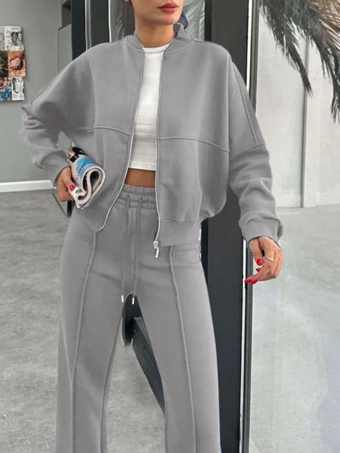 Baseball Collar Zip Up Outerwear and Drawstring Pants Set Trendsi
