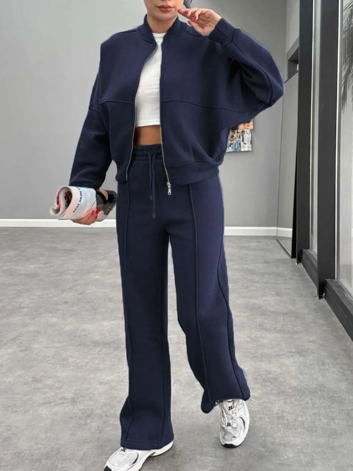 Baseball Collar Zip Up Outerwear and Drawstring Pants Set Trendsi