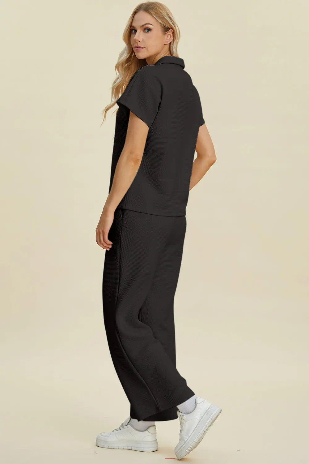 Double Take Full Size Collared Neck Short Sleeve Top and Pants Set - Pure Serenity DBA