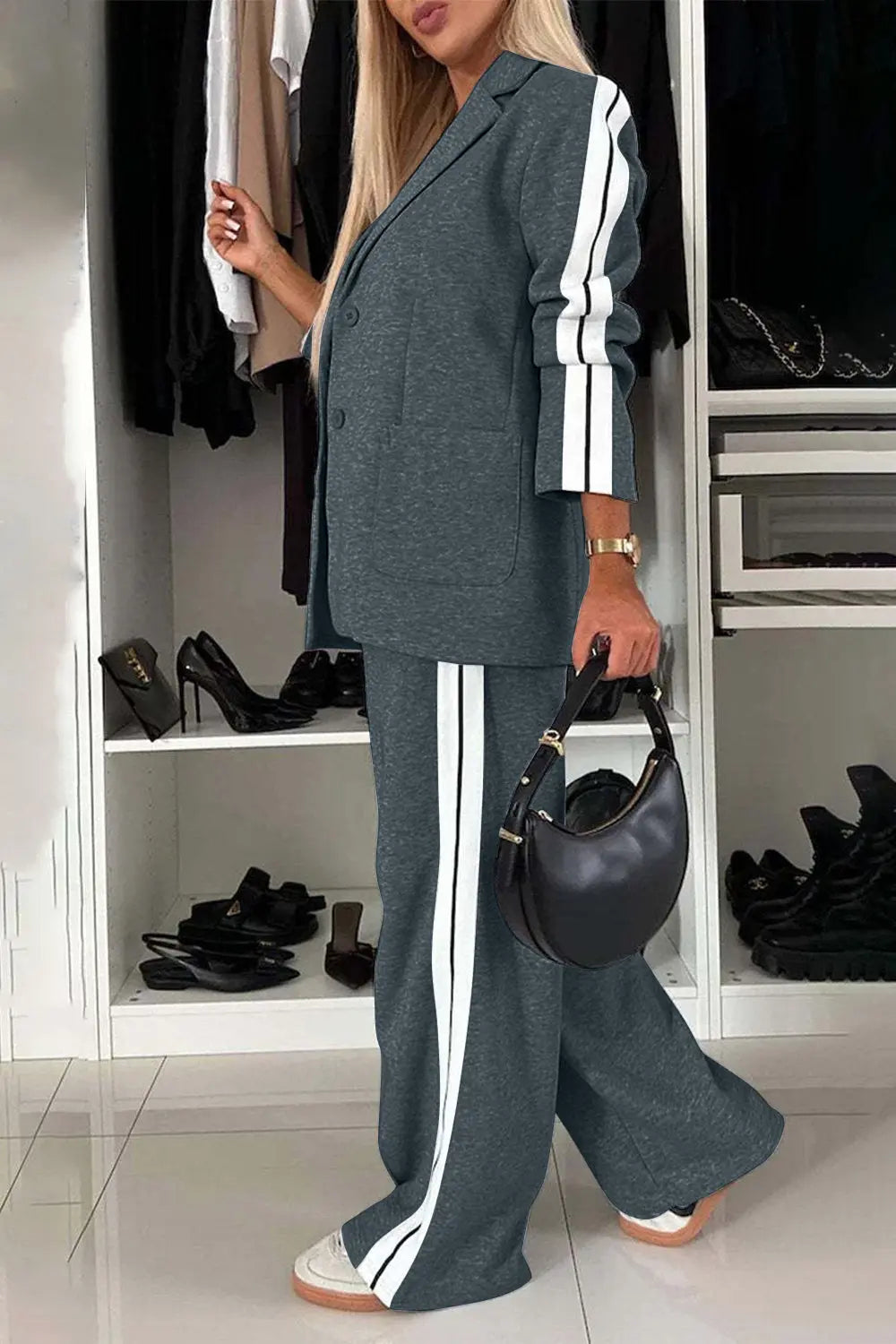 Full Size Contrast Lapel Collar Top and Pants Set Trendsi