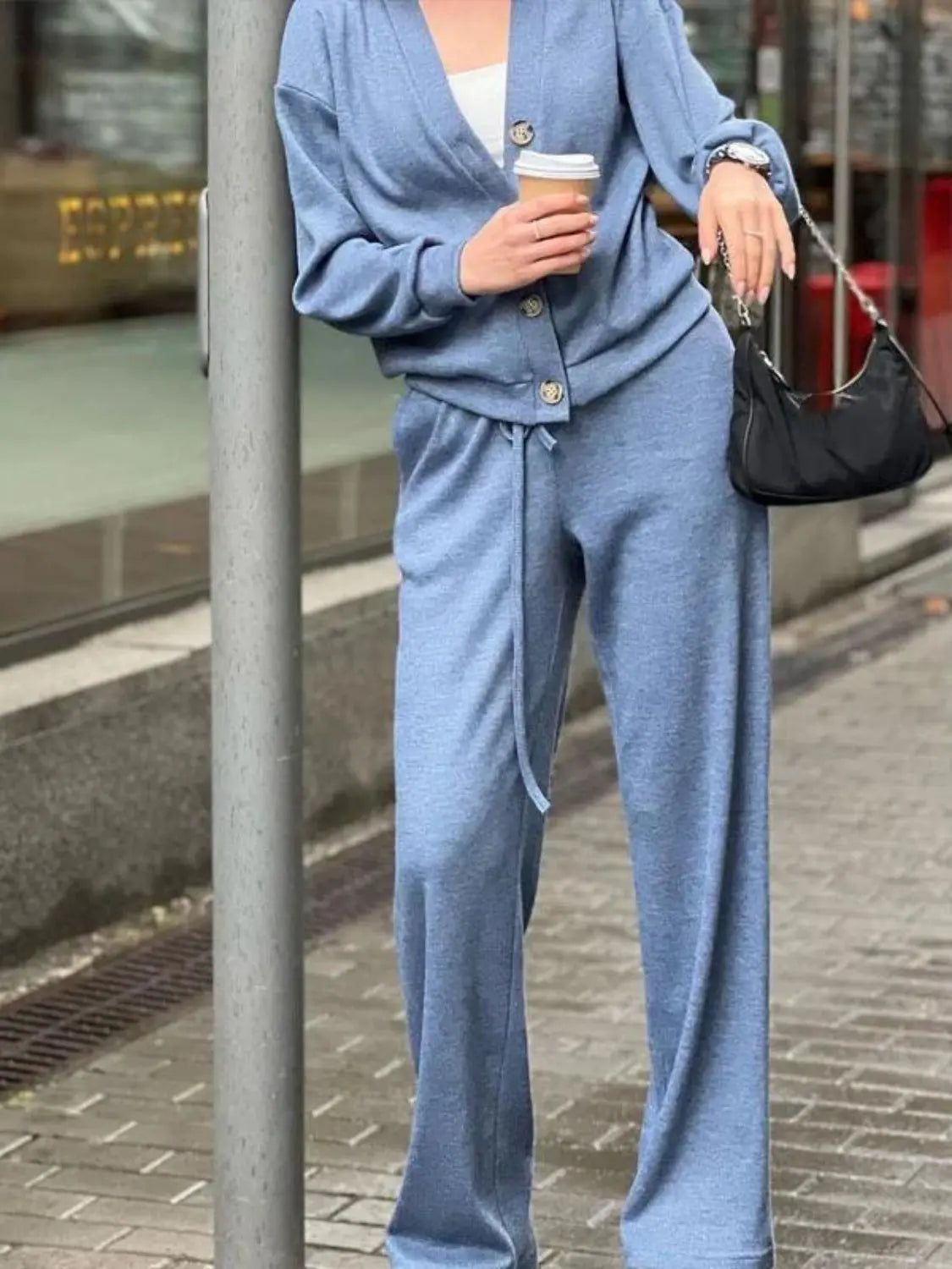 Full Size Button Up Long Sleeve Top and Pants Set Trendsi