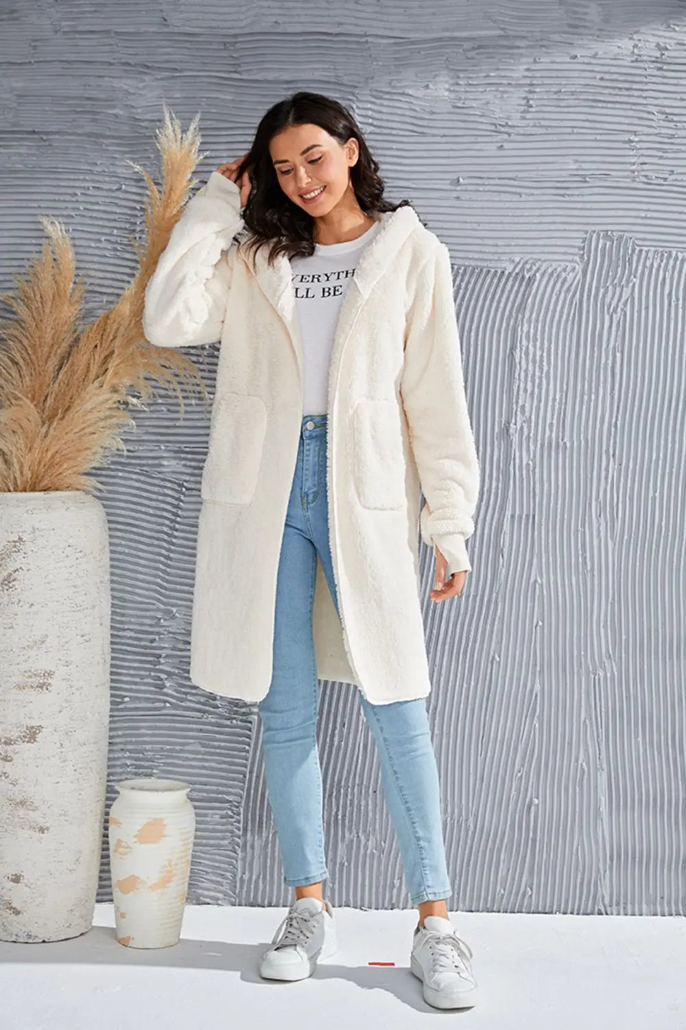 Double Take Full Size Hooded Teddy Bear Jacket with Thumbholes Trendsi
