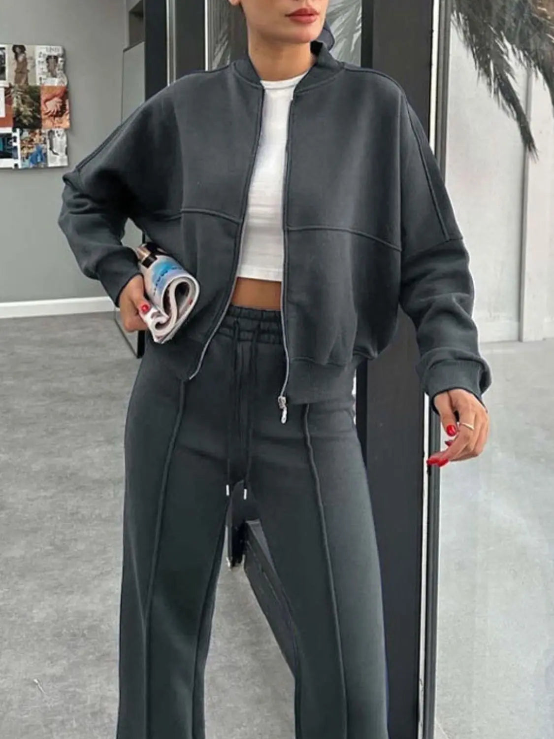 Baseball Collar Zip Up Outerwear and Drawstring Pants Set Trendsi