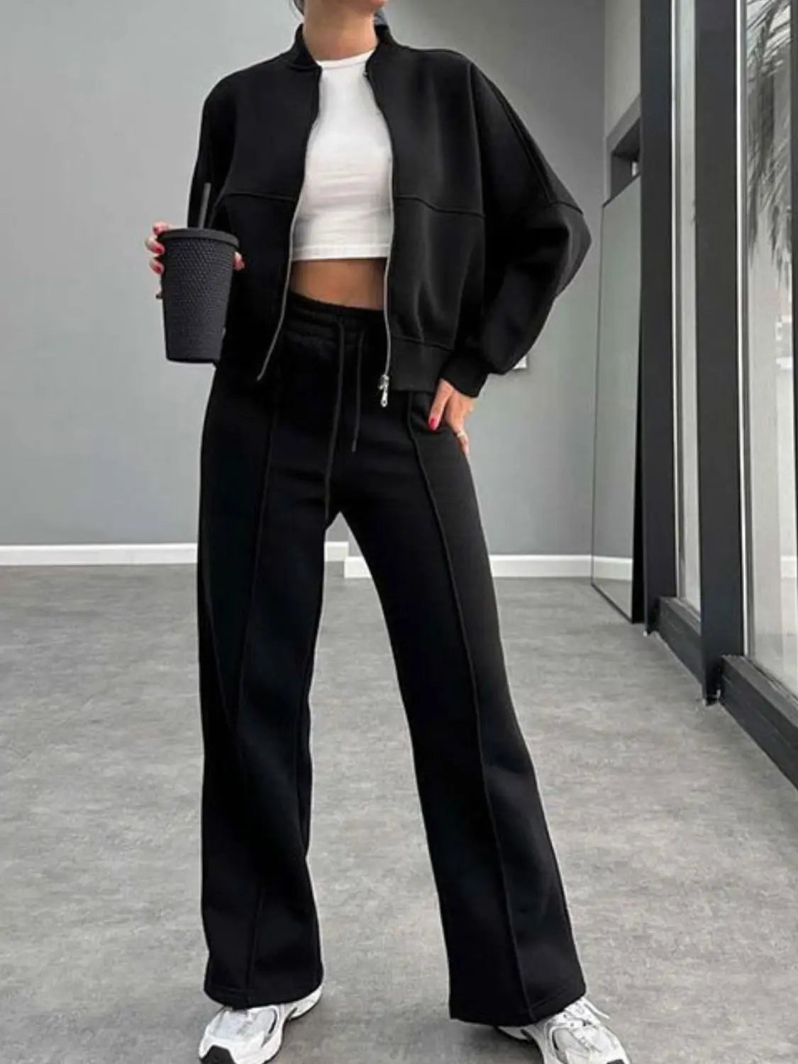 Baseball Collar Zip Up Outerwear and Drawstring Pants Set Trendsi