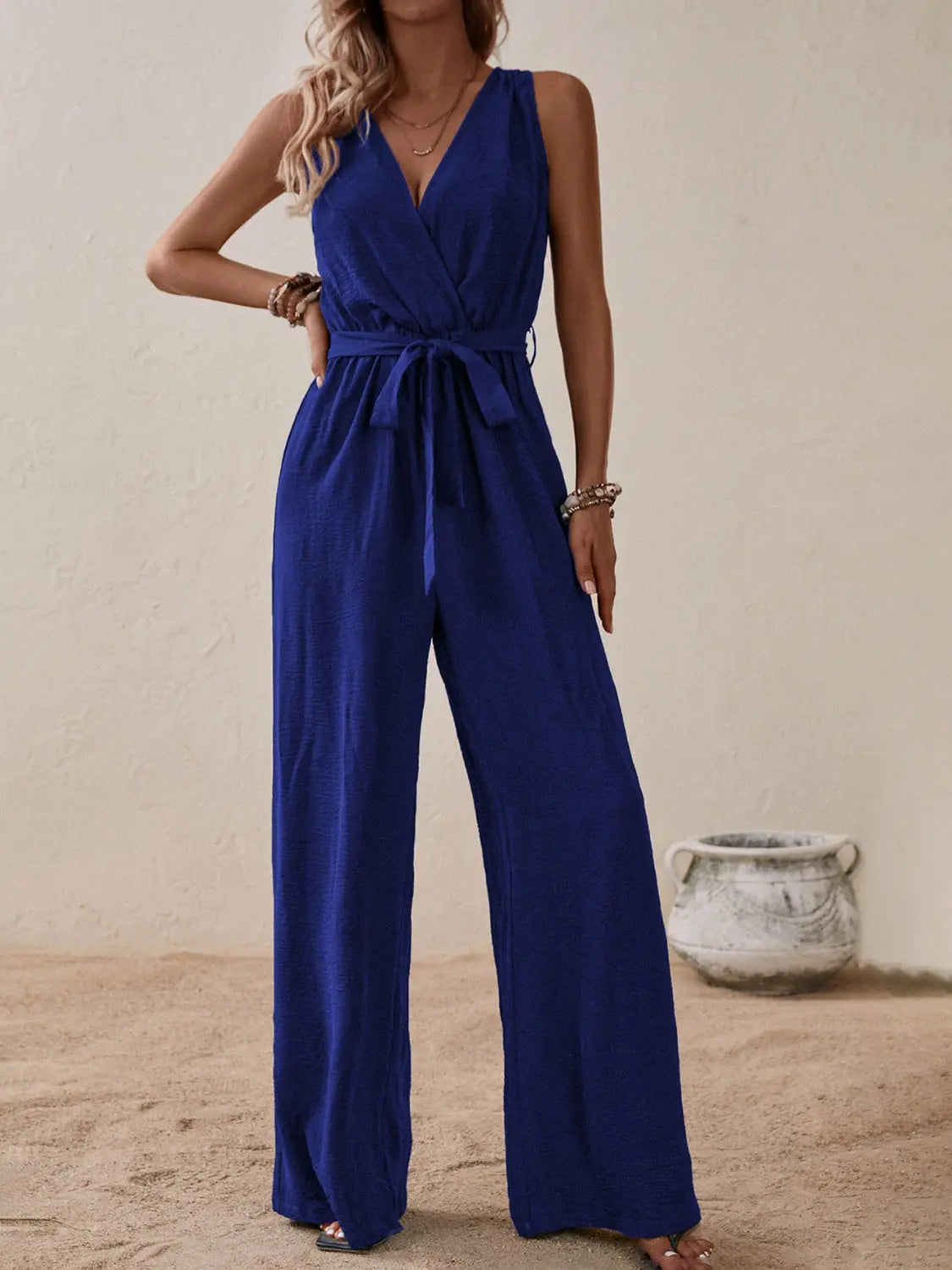 Honey Tied Surplice Sleeveless Wide Leg Jumpsuit Trendsi
