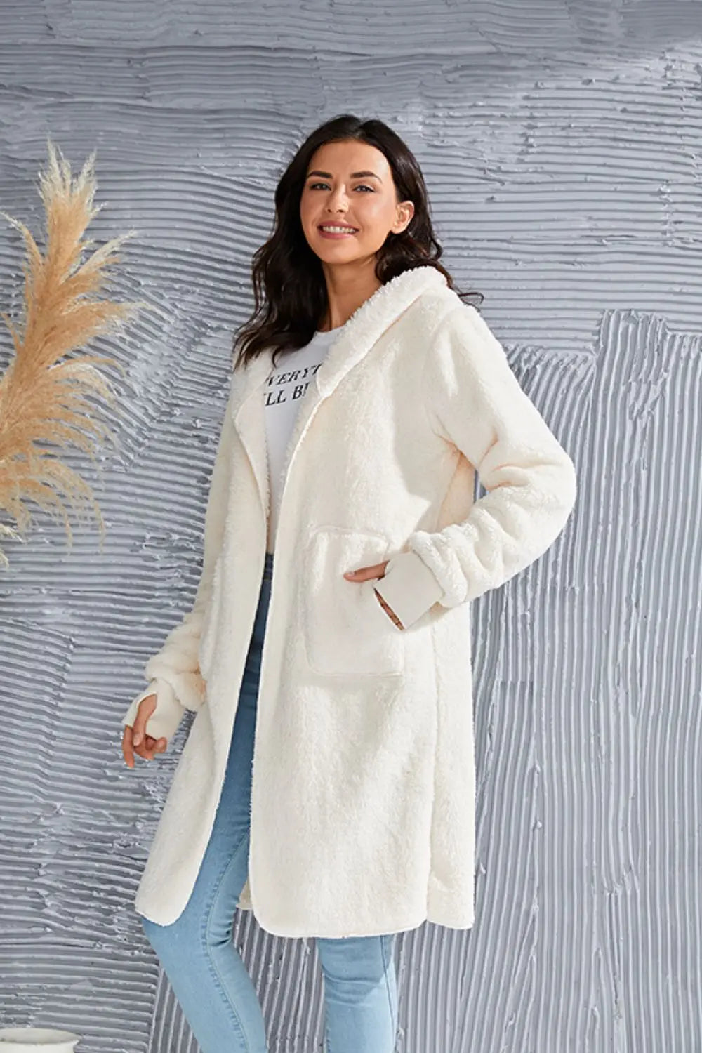 Double Take Full Size Hooded Teddy Bear Jacket with Thumbholes Trendsi